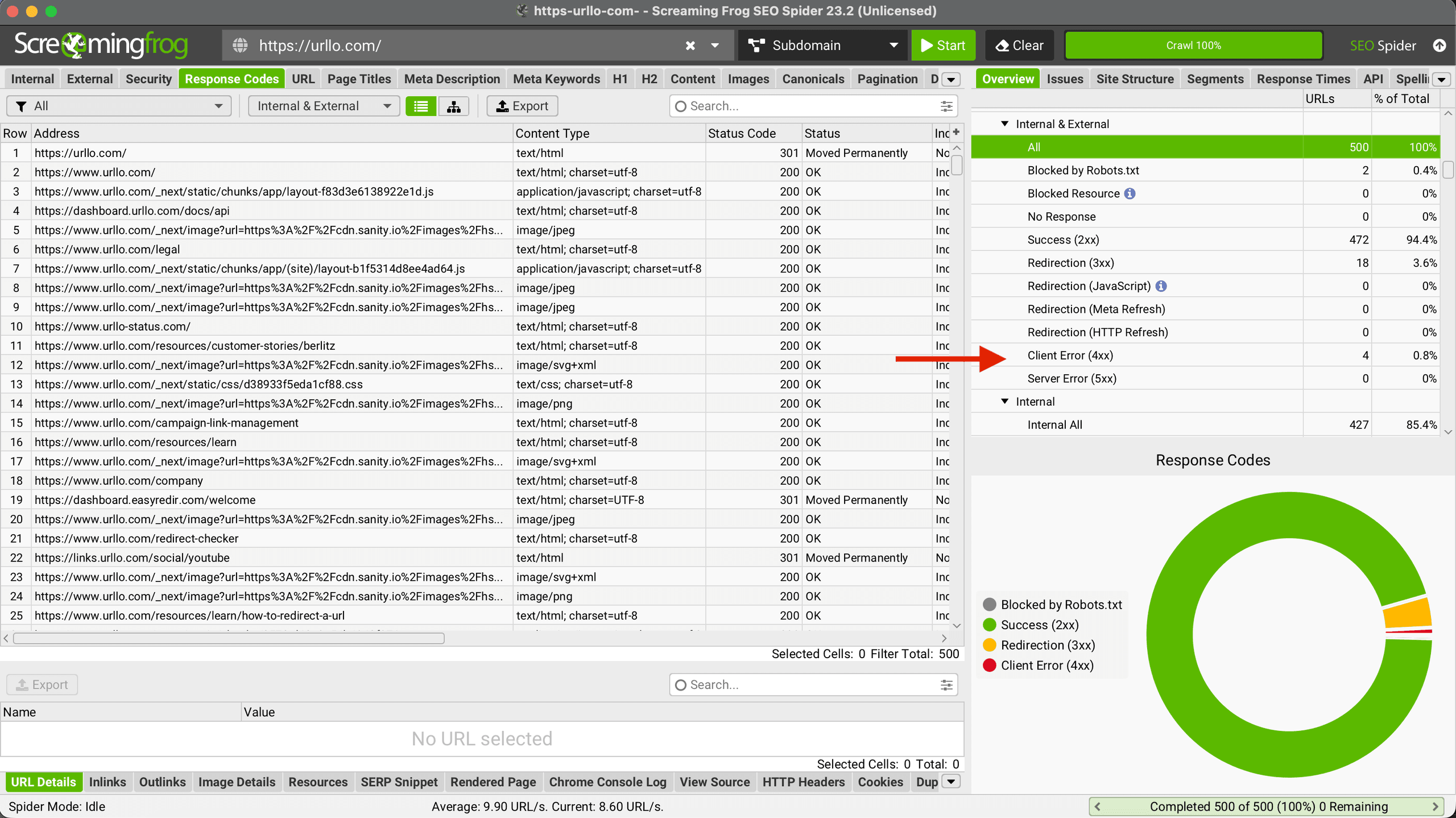 Screenshot using ScreamingFrog application