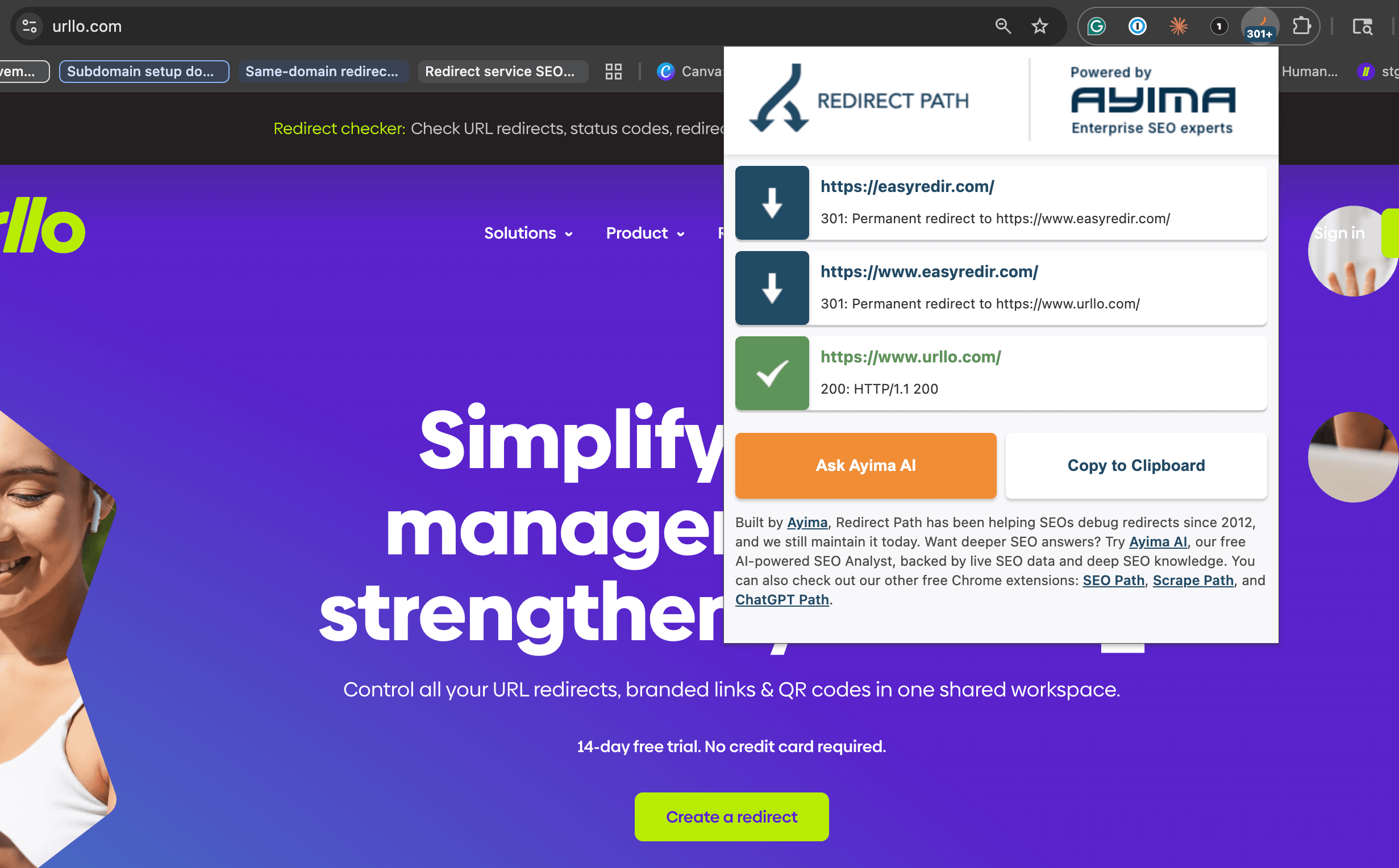 Screenshot showing a redirect checking extension.