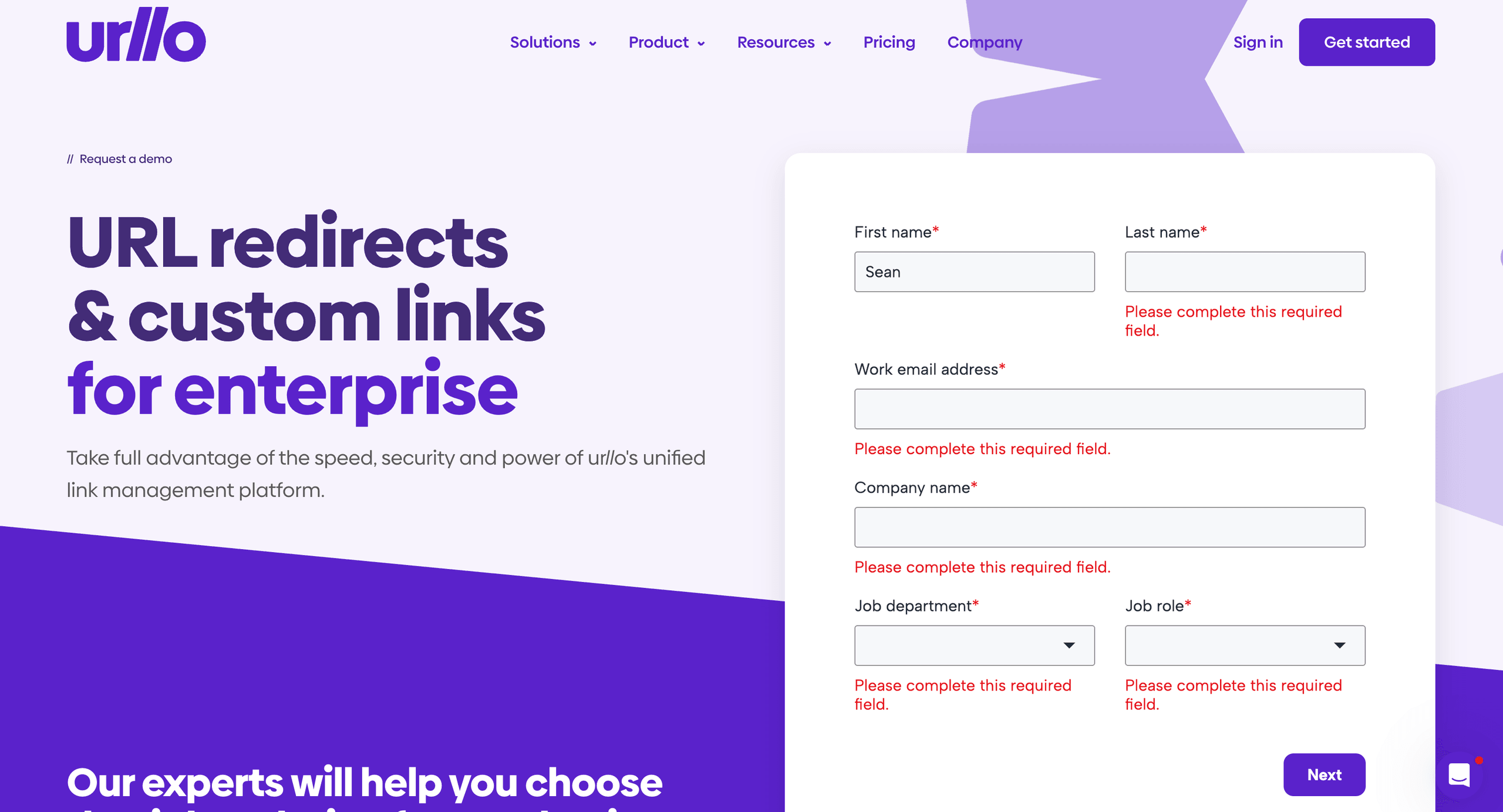 Screenshot showing an incomplete form filled on urllo.com