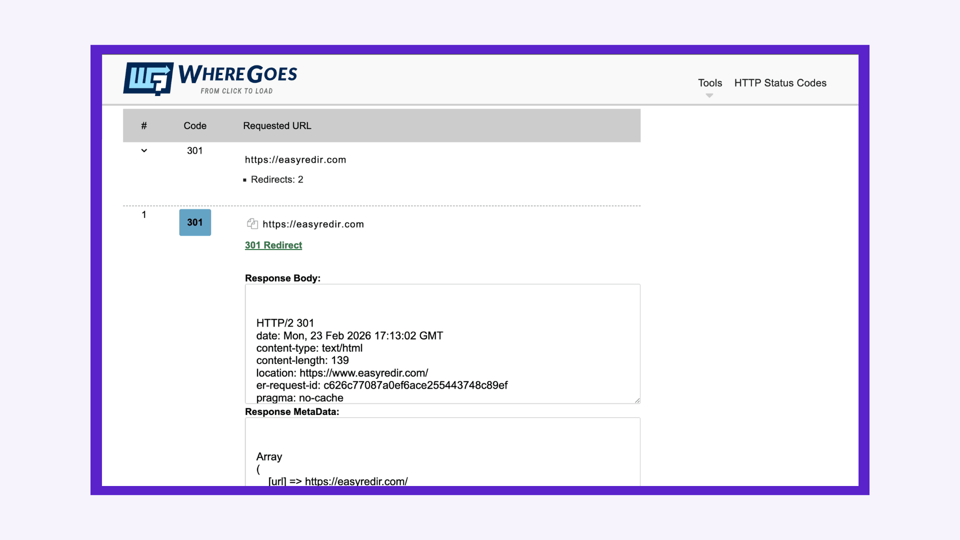 Screenshot of wheregoes redirect checker.