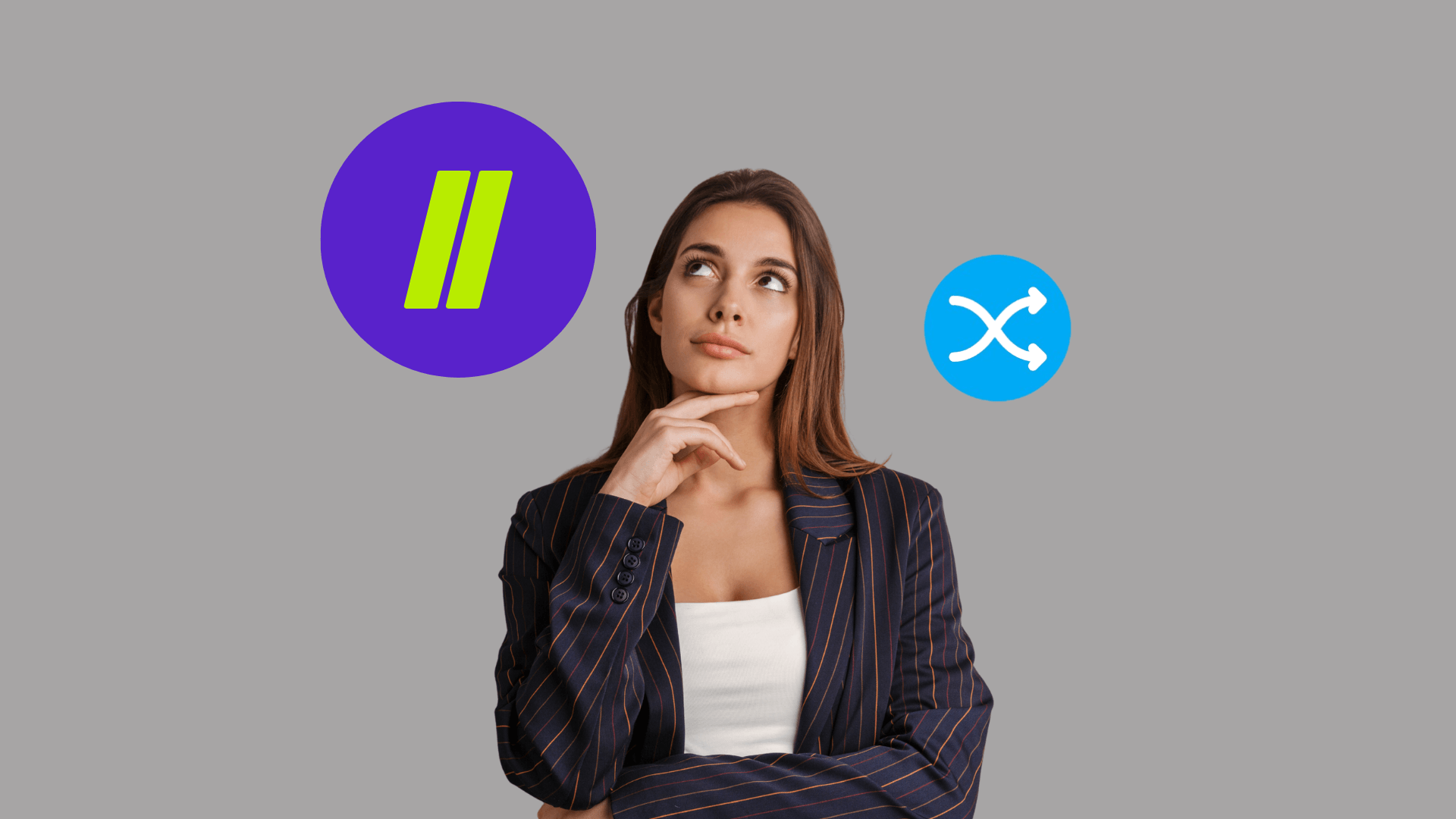 Graphic showing a person considering two logos.