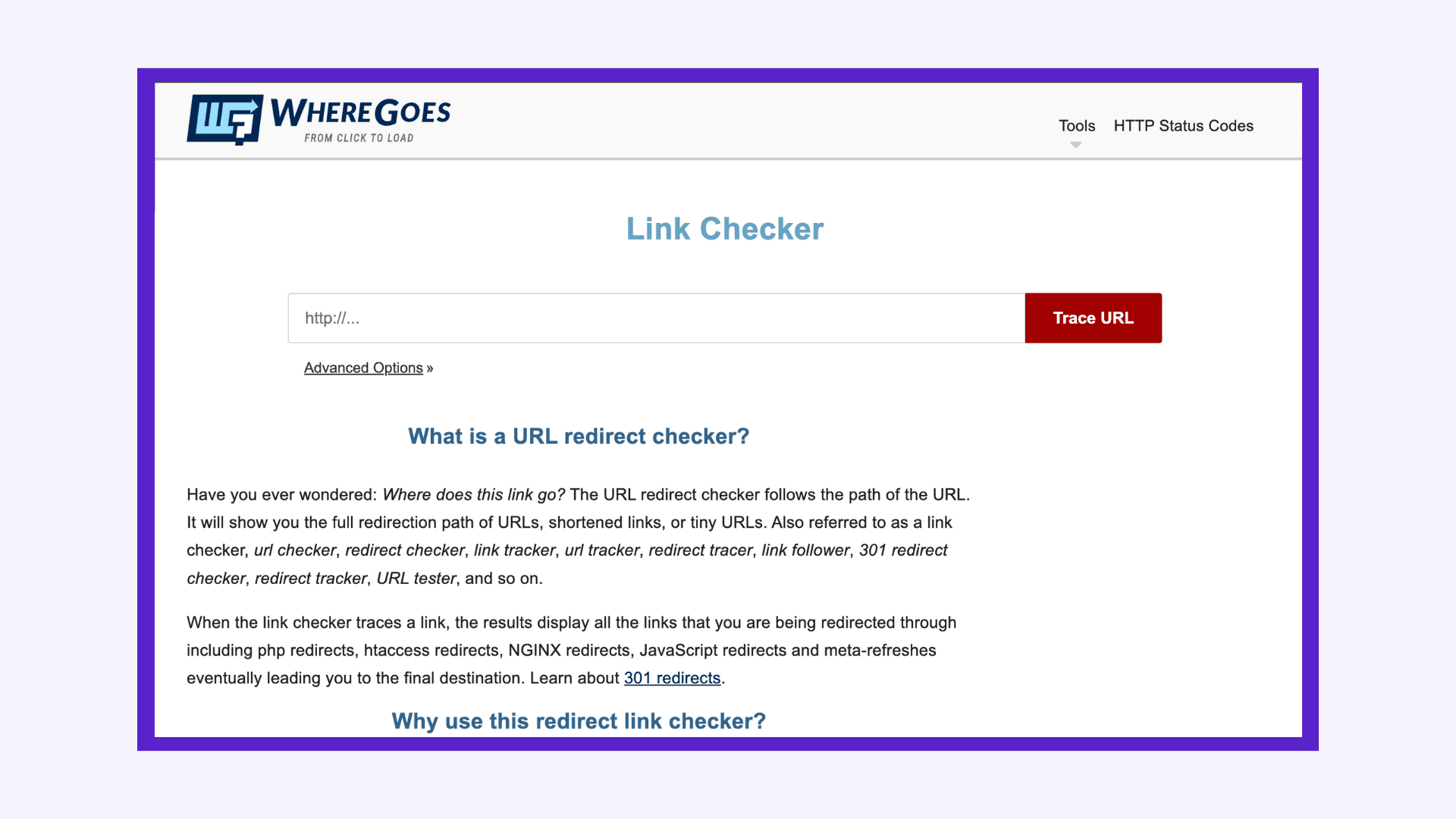 Screenshot of wheregoes redirect checker.