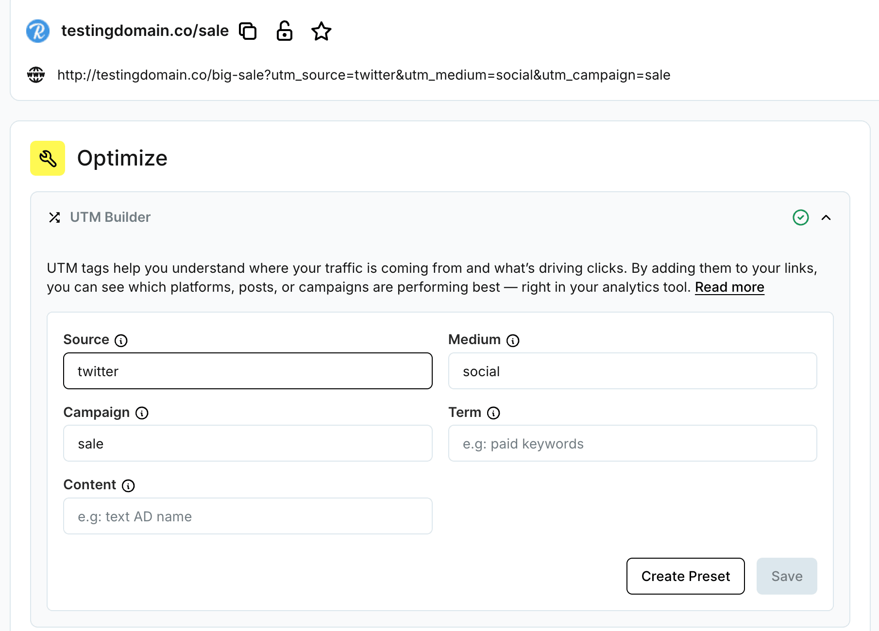 Screenshot showing the UTM builder inside Rebrandly platform.