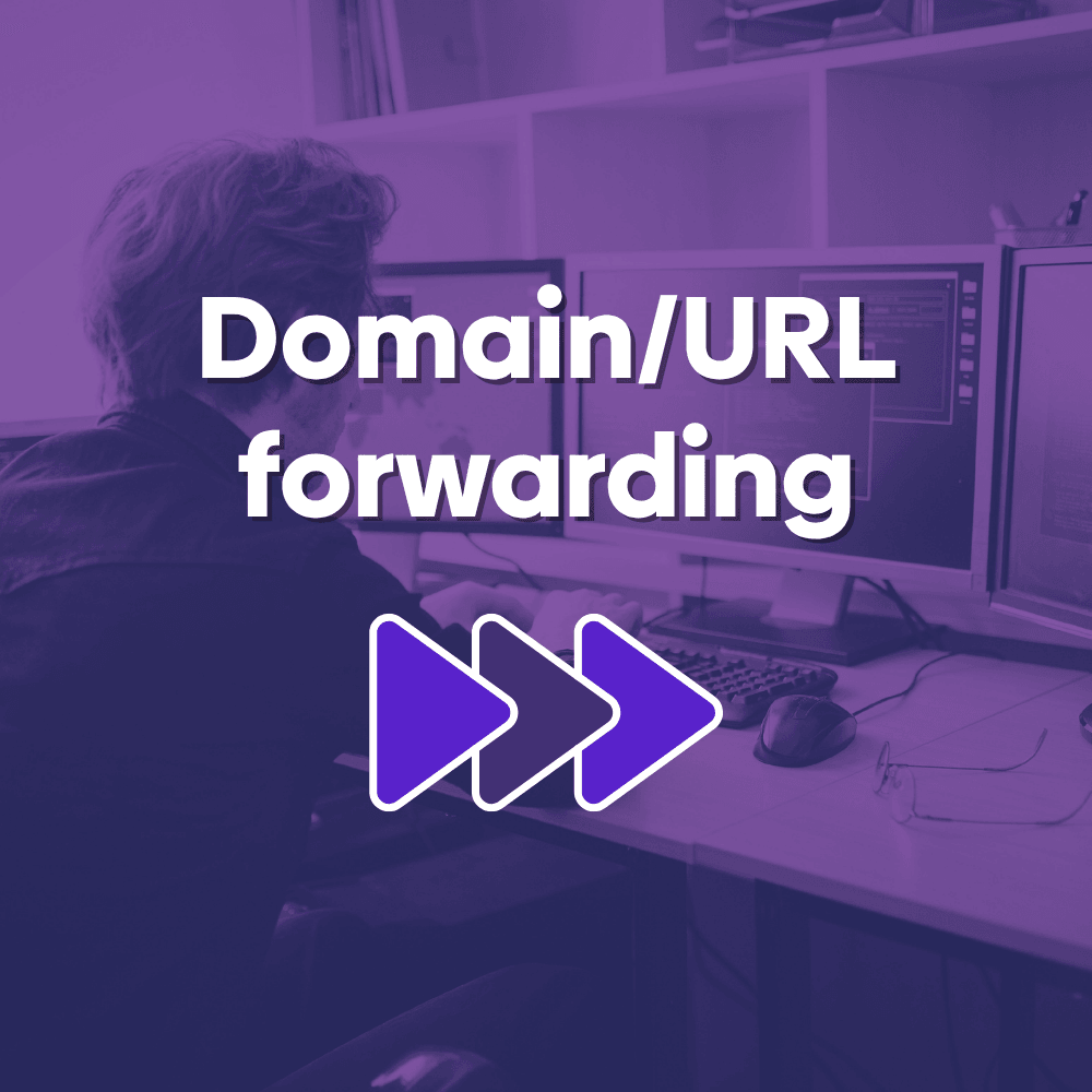 Photo showing a person at a computer with a text overlay reading "domain/URL forwarding"
