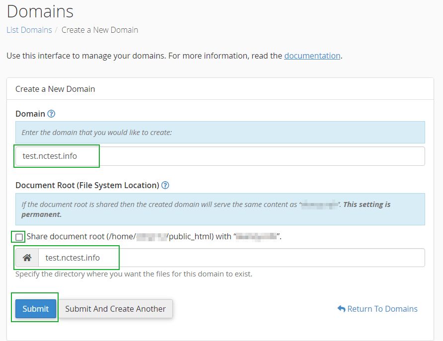 Screenshot showing how to create a subdomain in cPanel