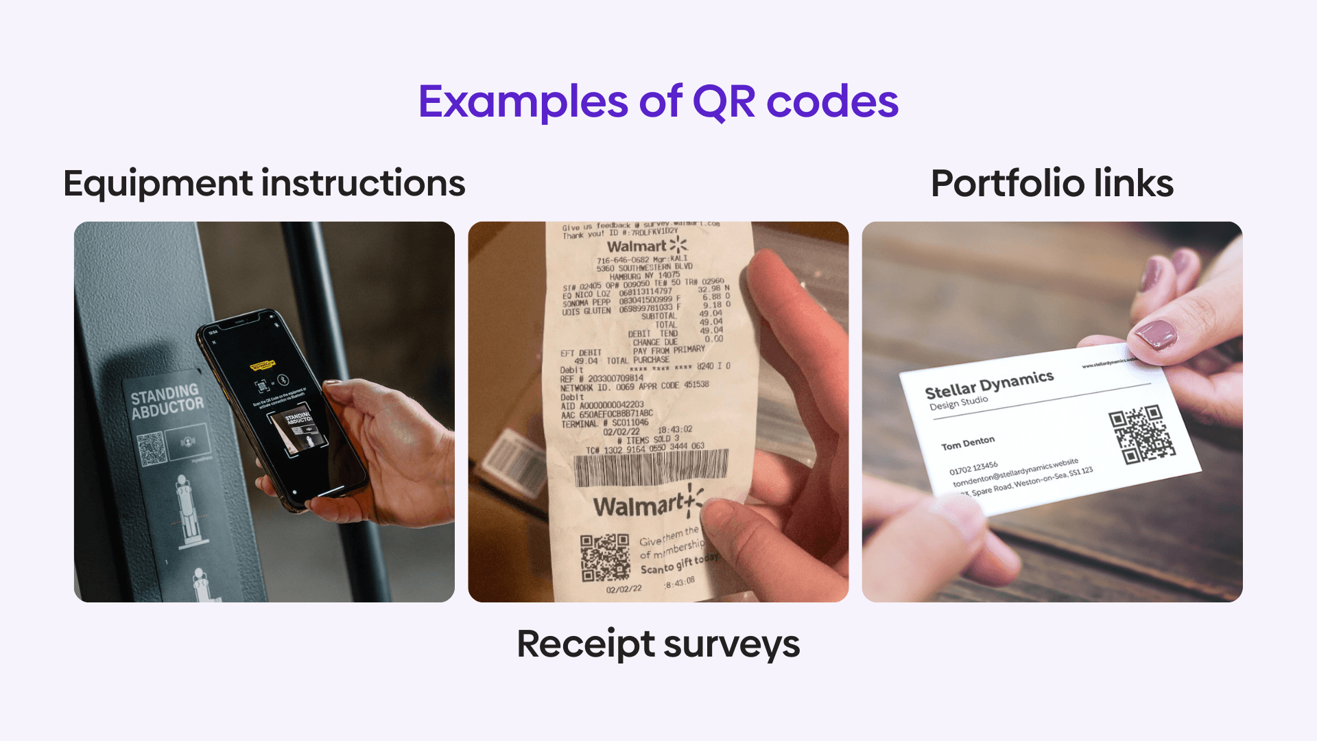 Graphic showcasing three common uses of QR codes.
