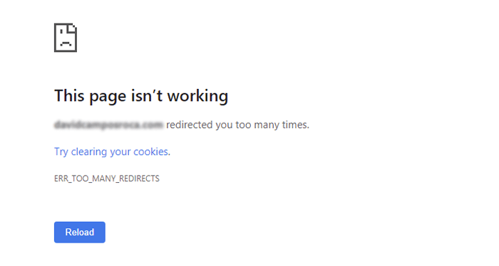 Screenshot showing a "too many redirects" error on Google chrome.