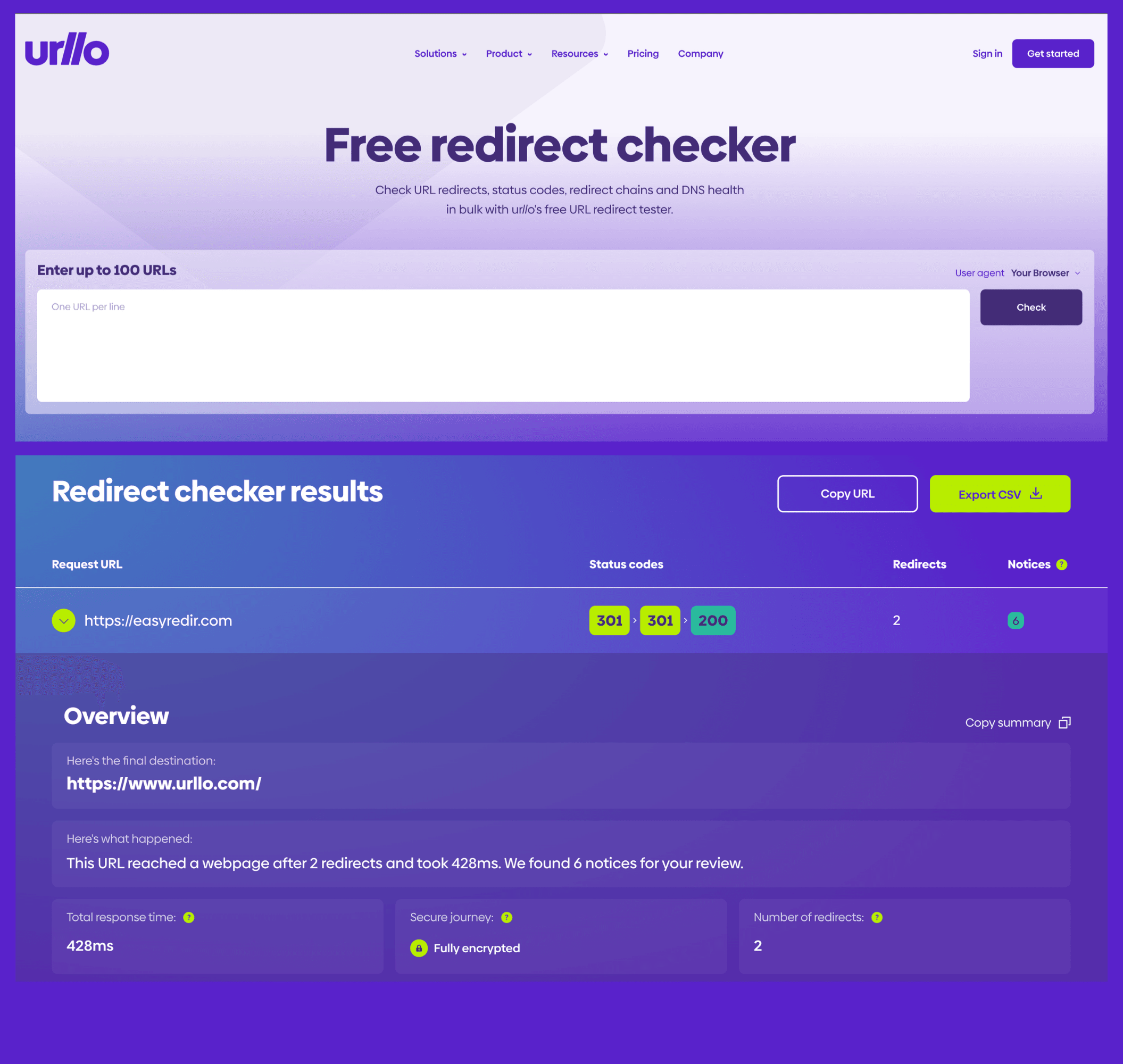 Screenshot showing urllo's redirect checker in action.