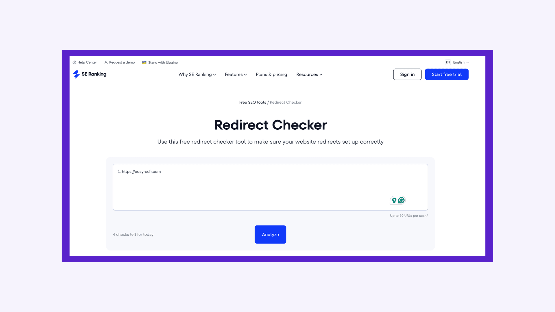 Screenshot of SE redirect checker.
