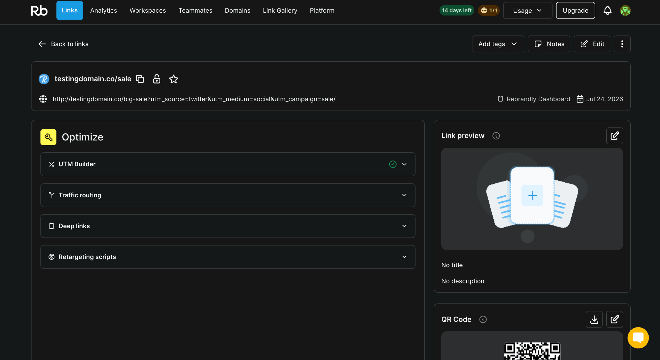 Screenshot showing the inside of Rebrandly platform.