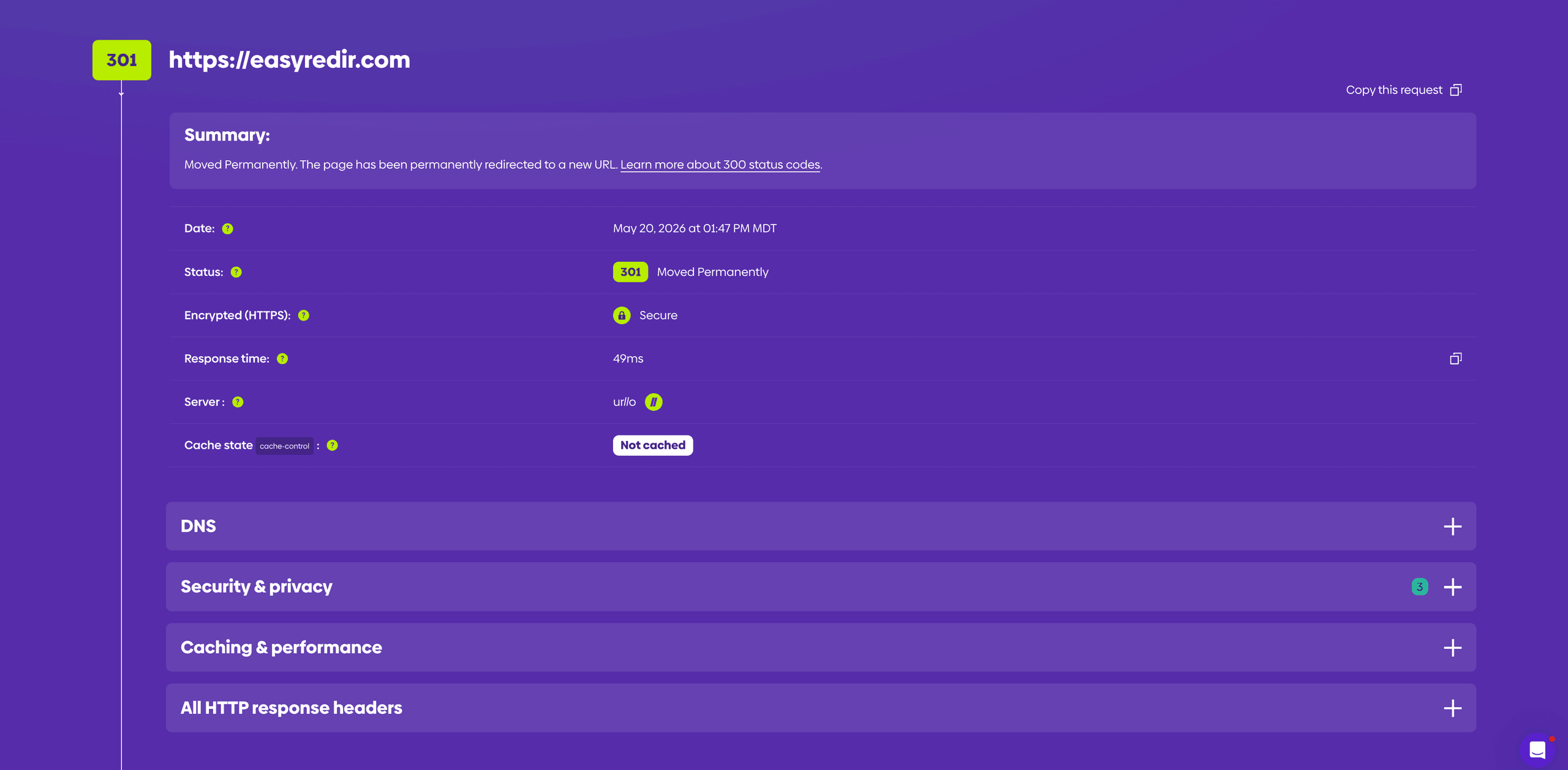 Screenshot showing urllo redirect checker results.