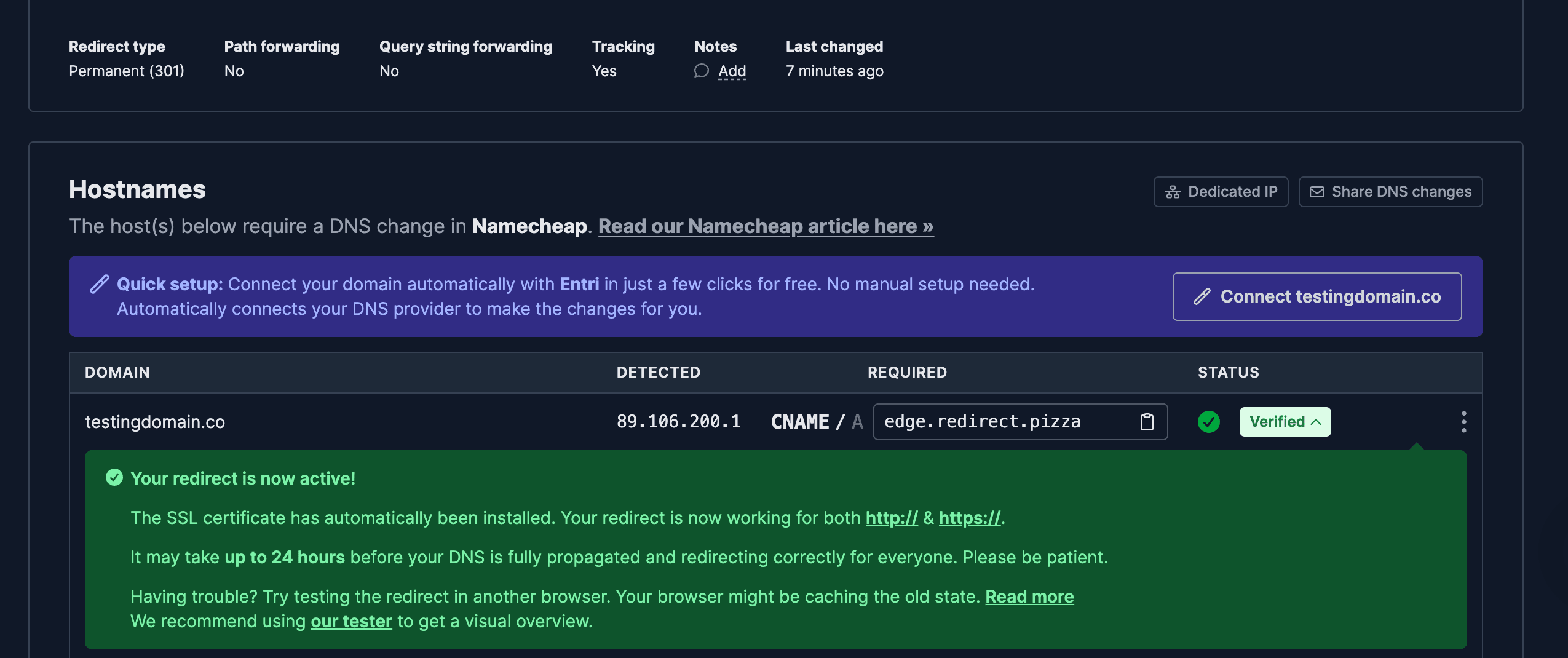 Screenshot showing a redirect being successfully configured in redirect.pizza dashboard.