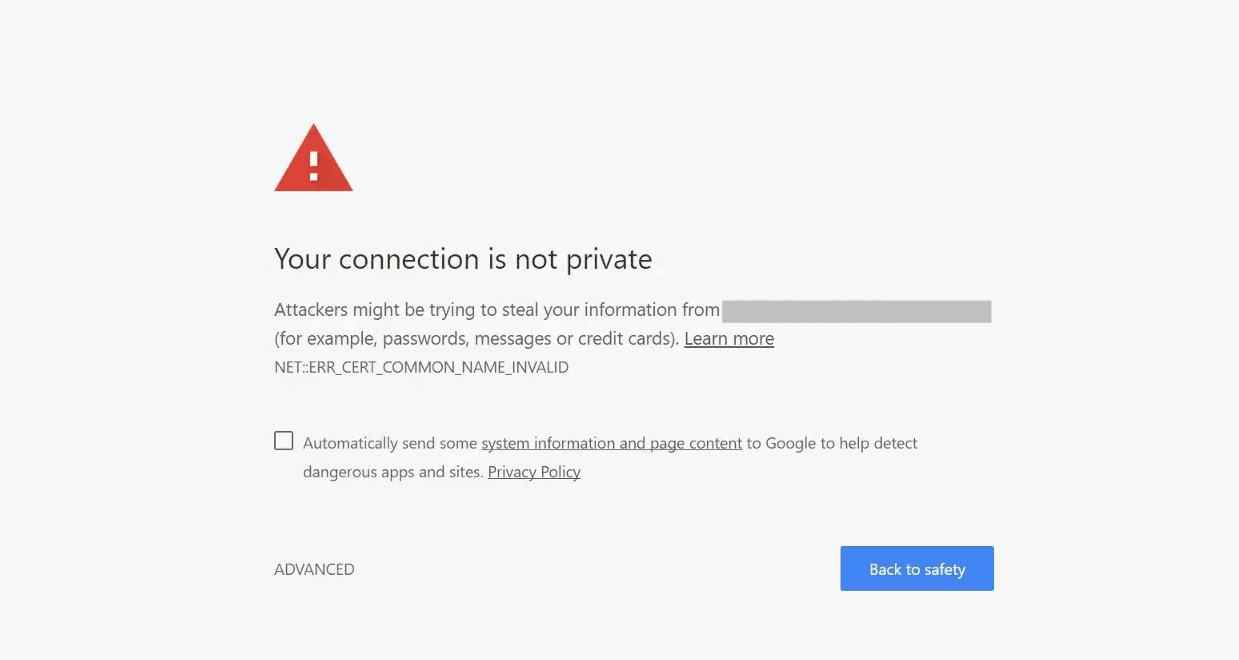 Screenshot showing "your connection is not private" warning.