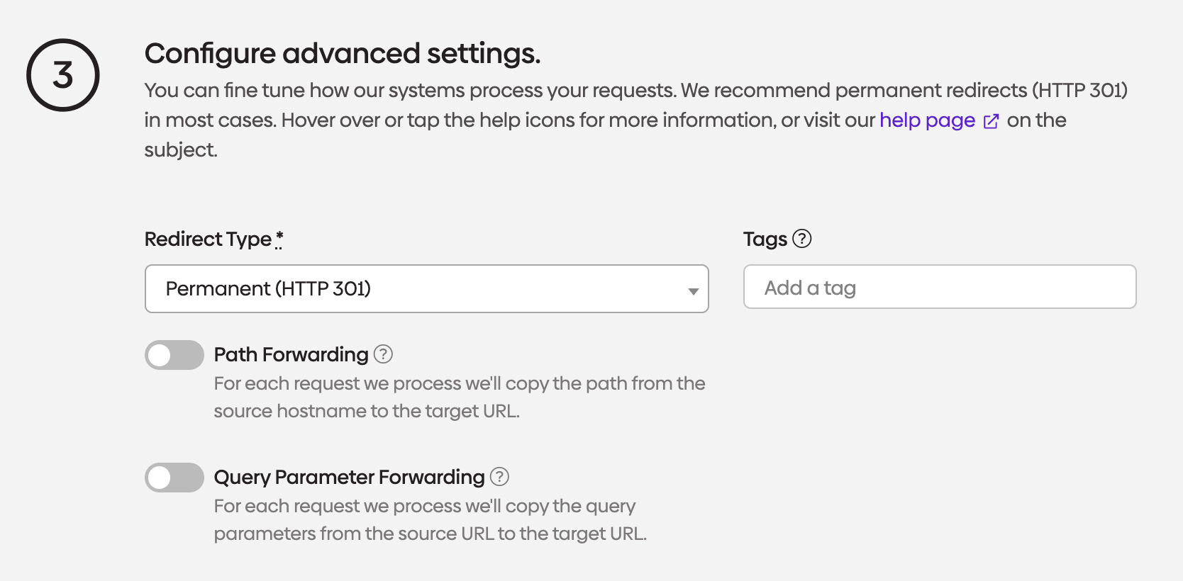 Screenshot showing advanced redirect settings in urllo's dashboard.