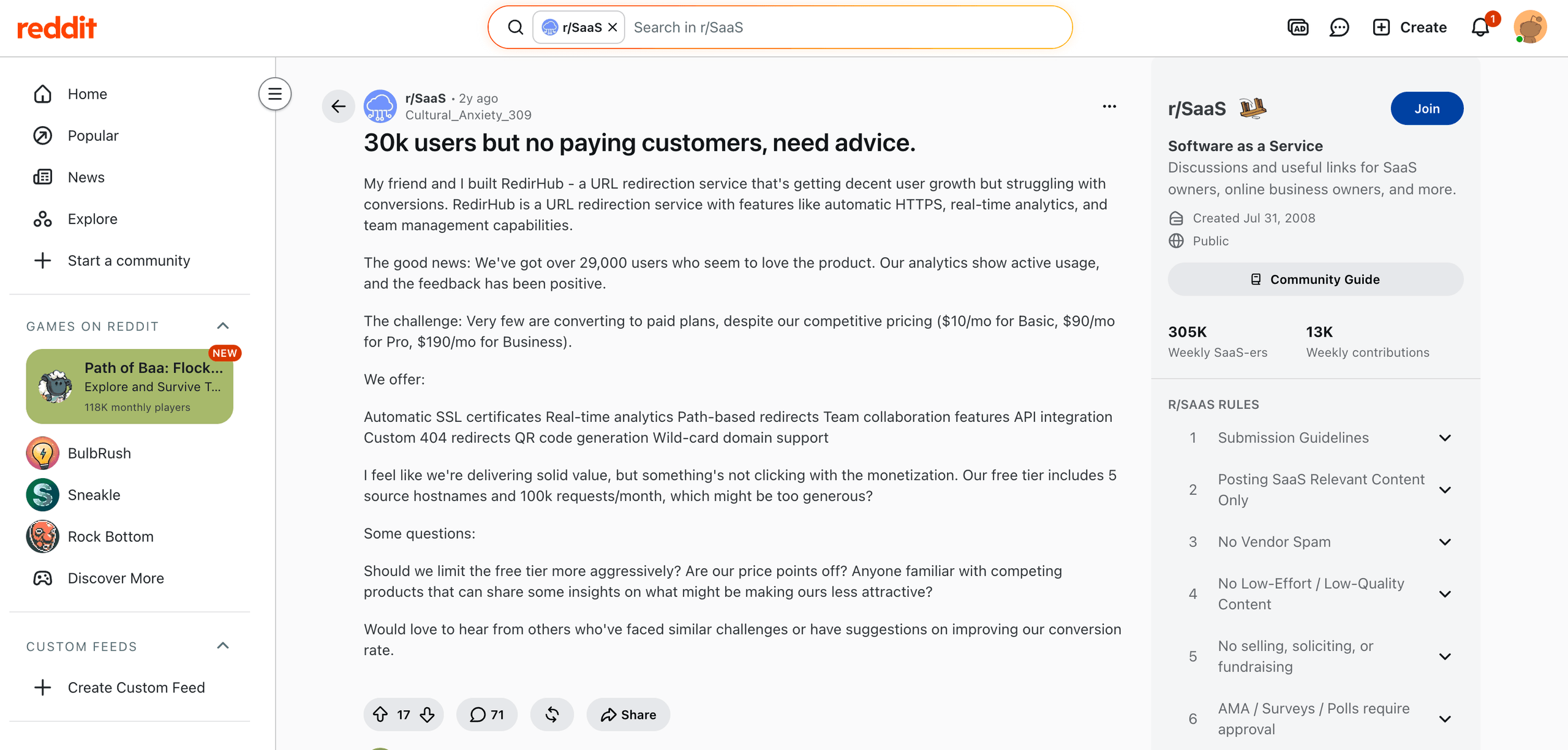 Screenshot from a thread on Reddit related to Redirhub.