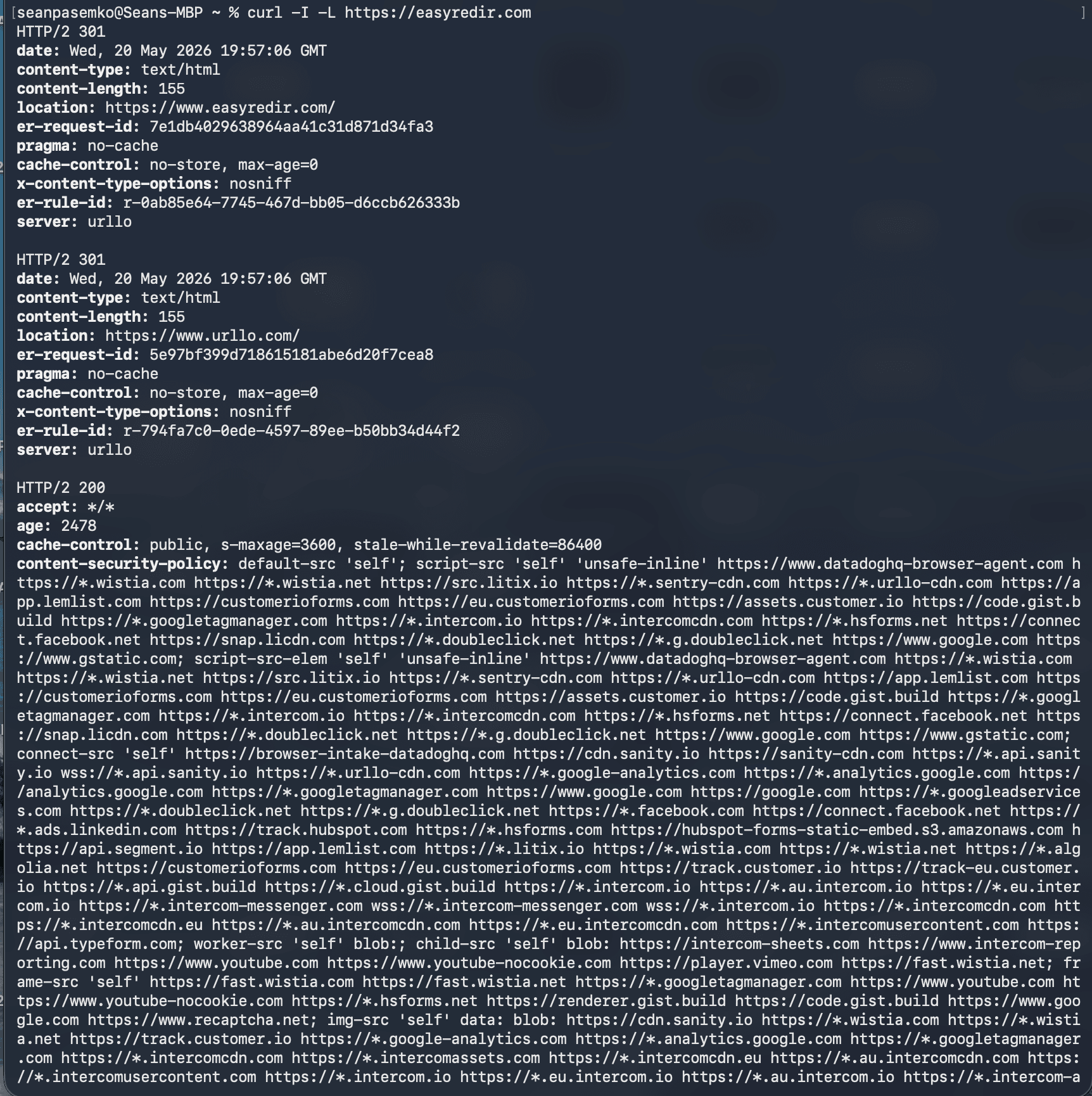 Screenshot showing the terminal after entering a curl command.