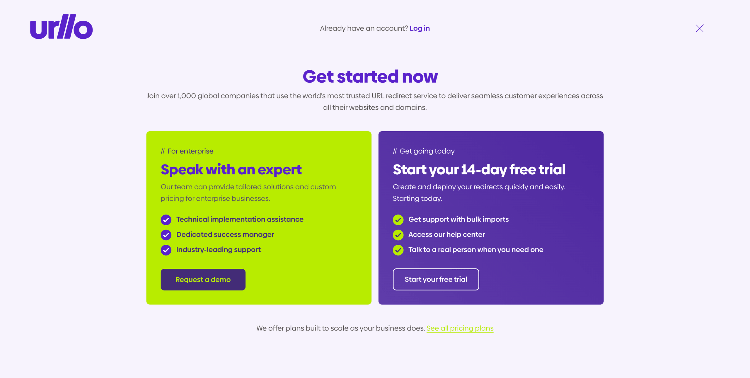 Screenshot showing the urllo get started page.