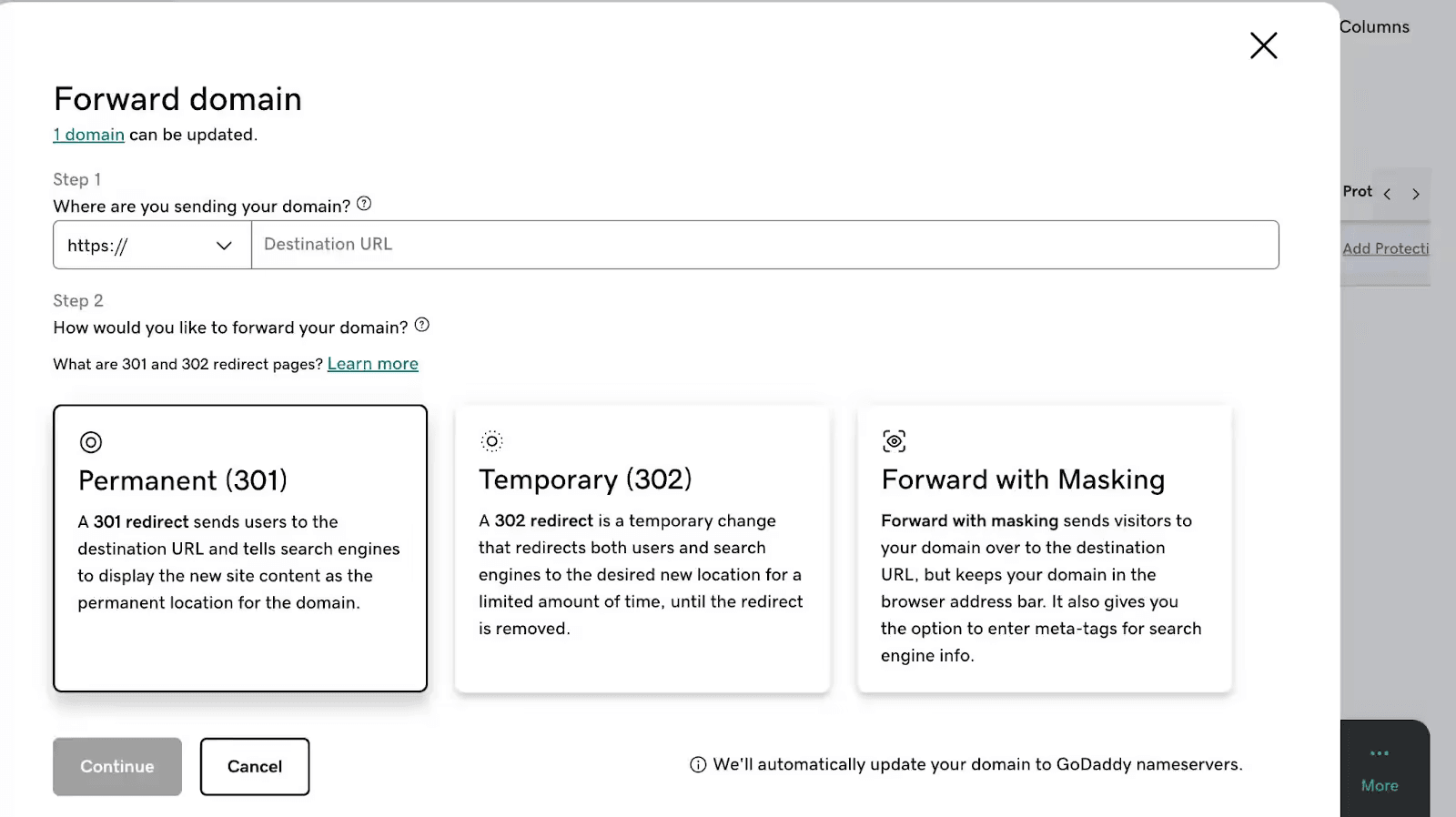 Screenshot showing GoDaddy forwarding options.