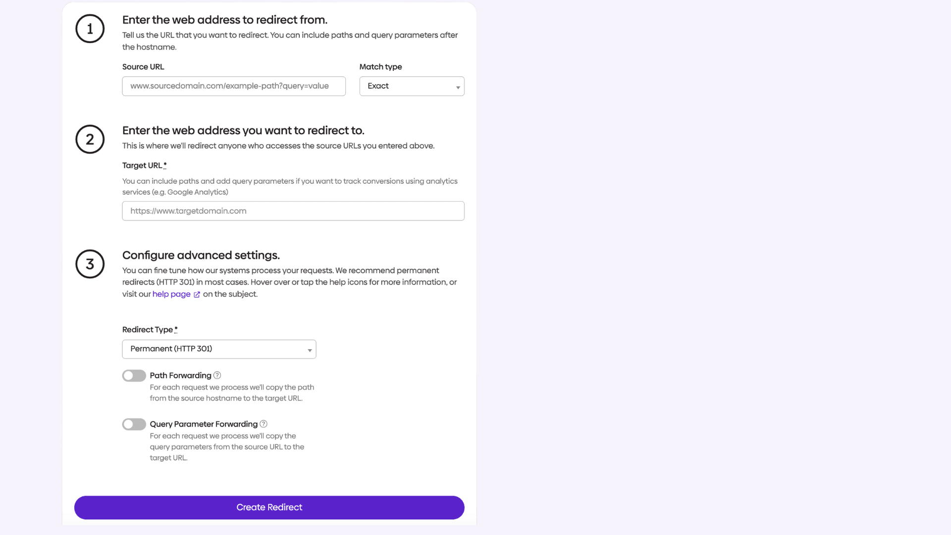 Screenshot showing how to create a redirect in urllo.com