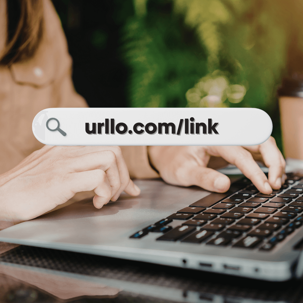 Photo of a person using a laptop with a graphic overlay showing a urllo shortlink.