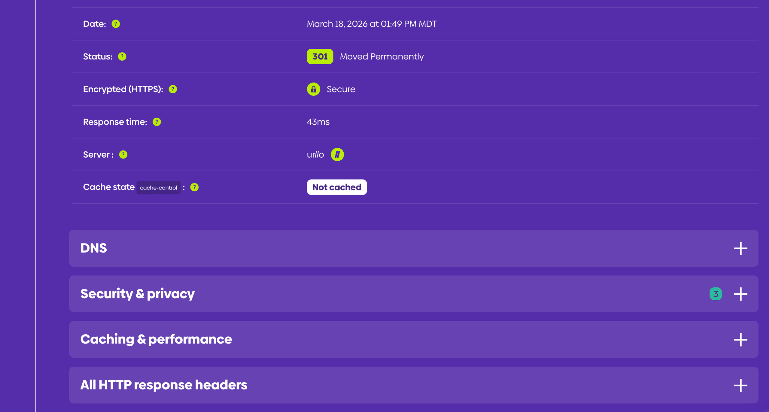 Screenshot using urllo's redirect checker showing response headers.