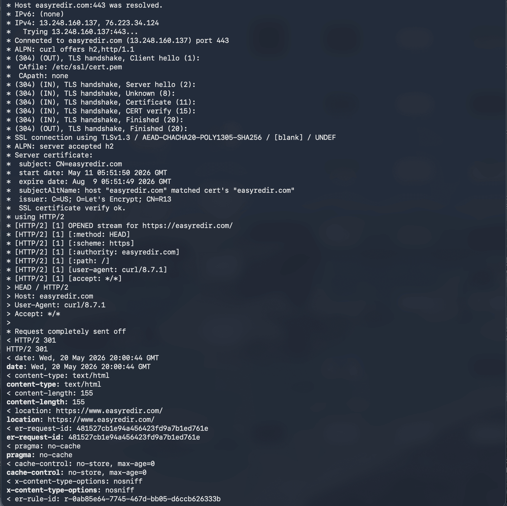 Screenshot showing curl command being used to check redirects in terminal.