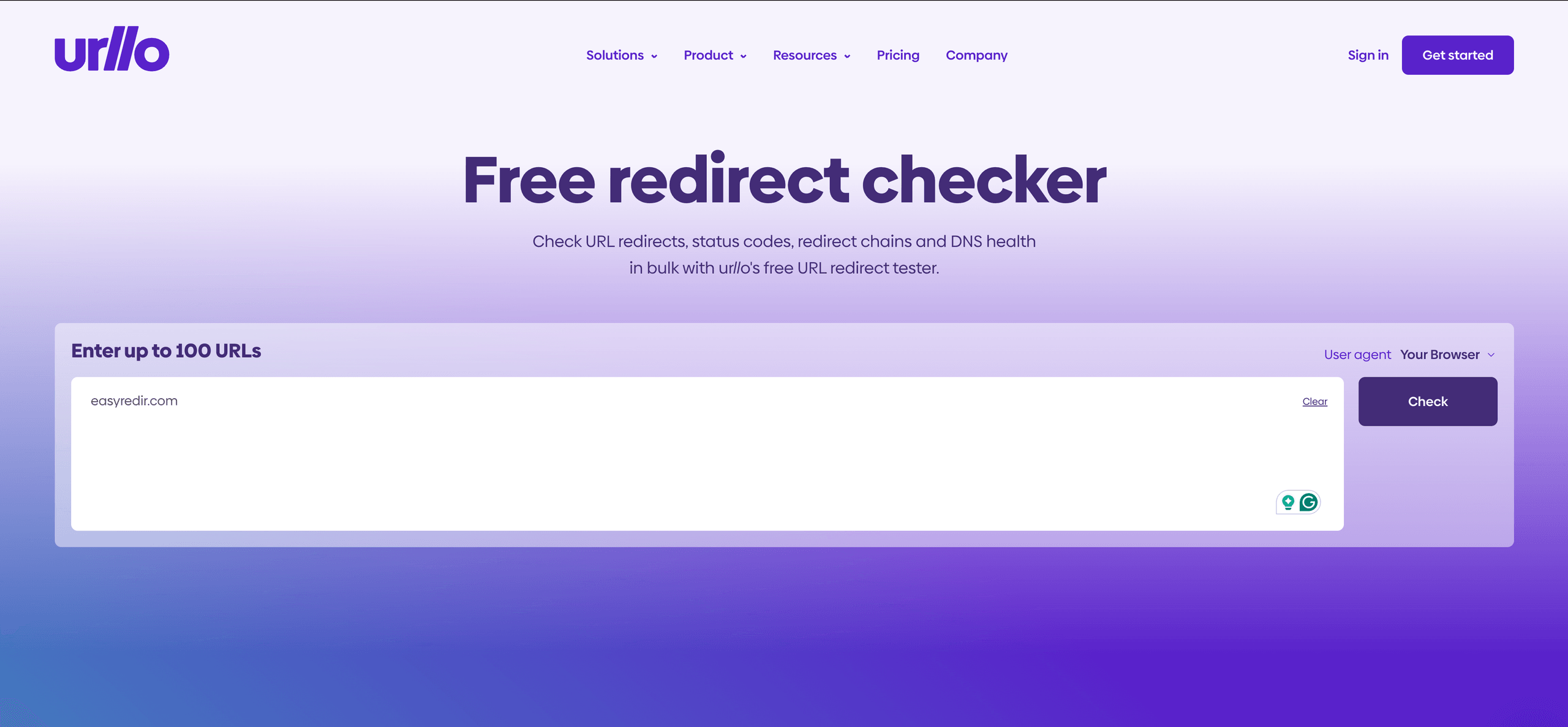 Screenshot showing urllo's redirect checker page.