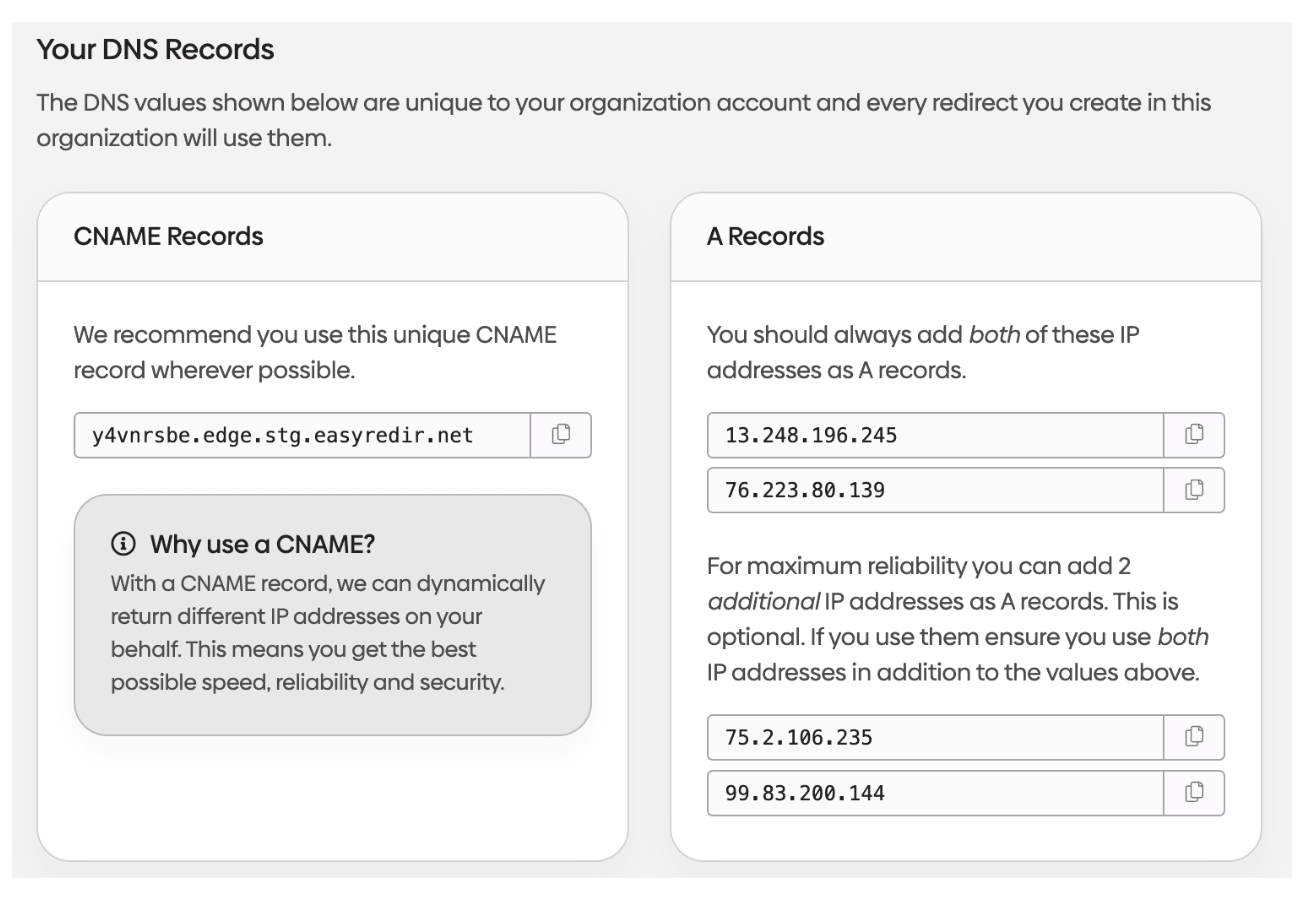 Screenshot showing the DNS records needed to create a redirect.