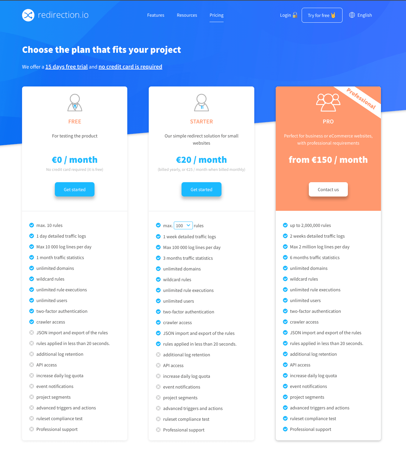 Screenshot of redirection.io's website showing their pricing.