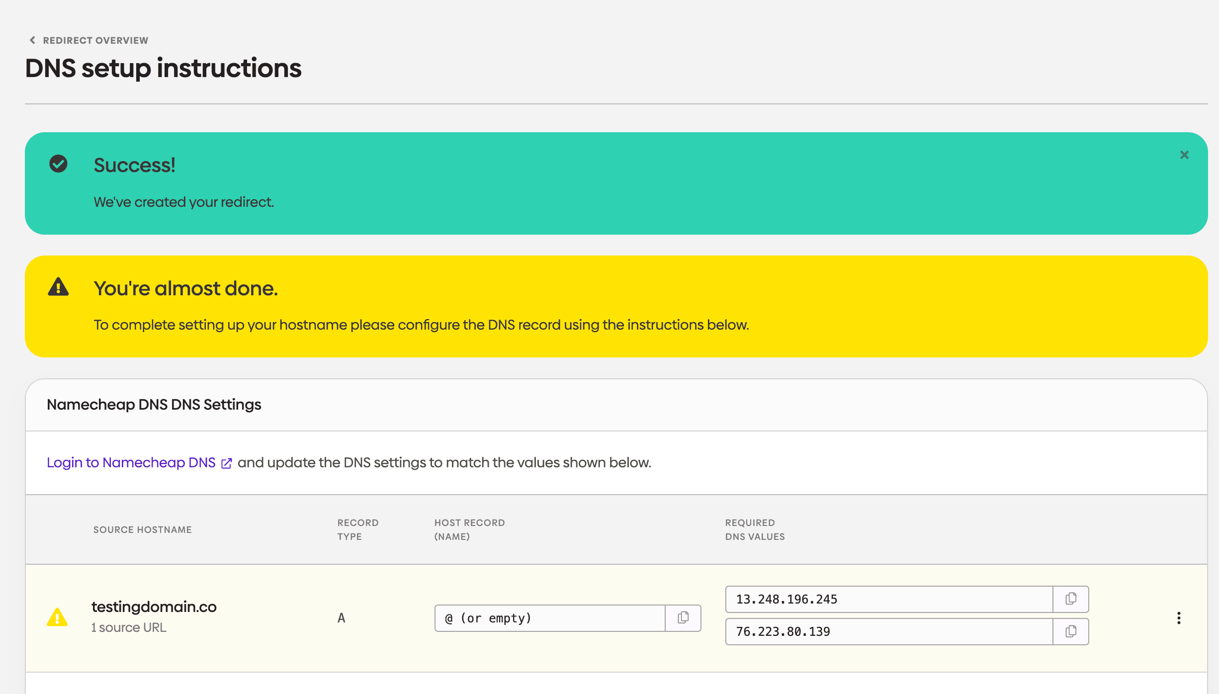 Screenshot showing DNS setup instructions in urllo.