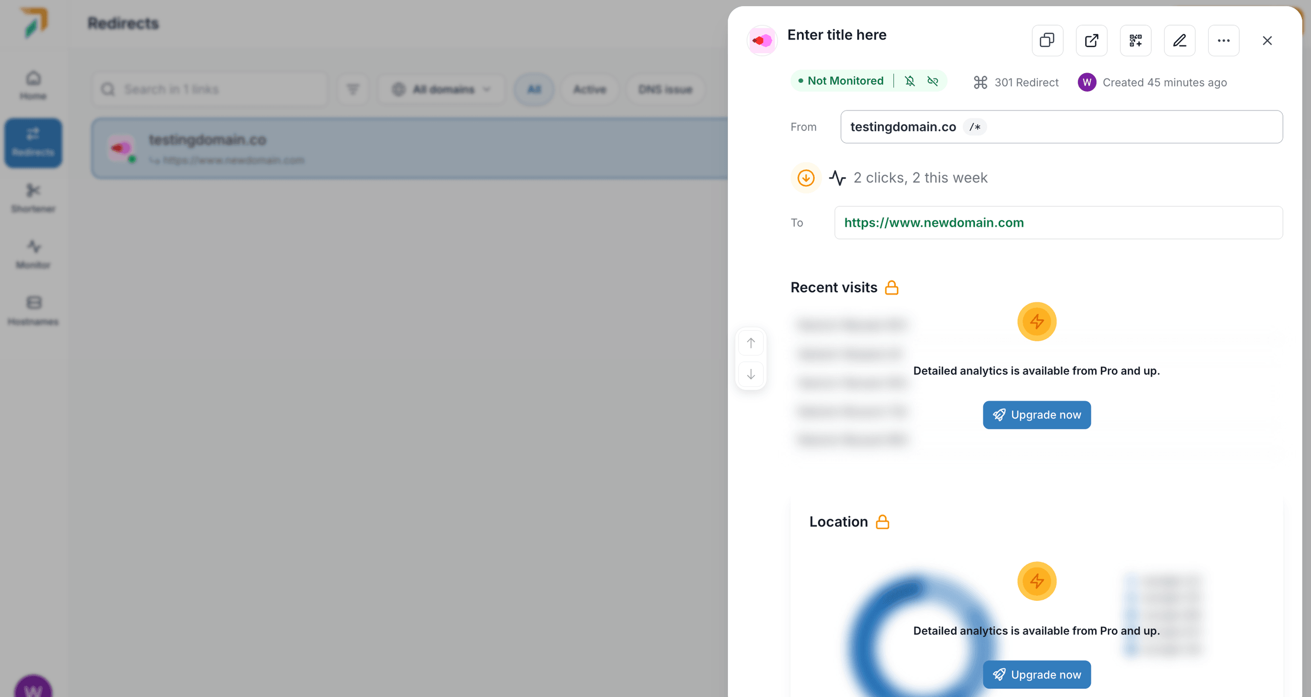 Screenshot showing analytics and additional settings for redirects in RedirHub.
