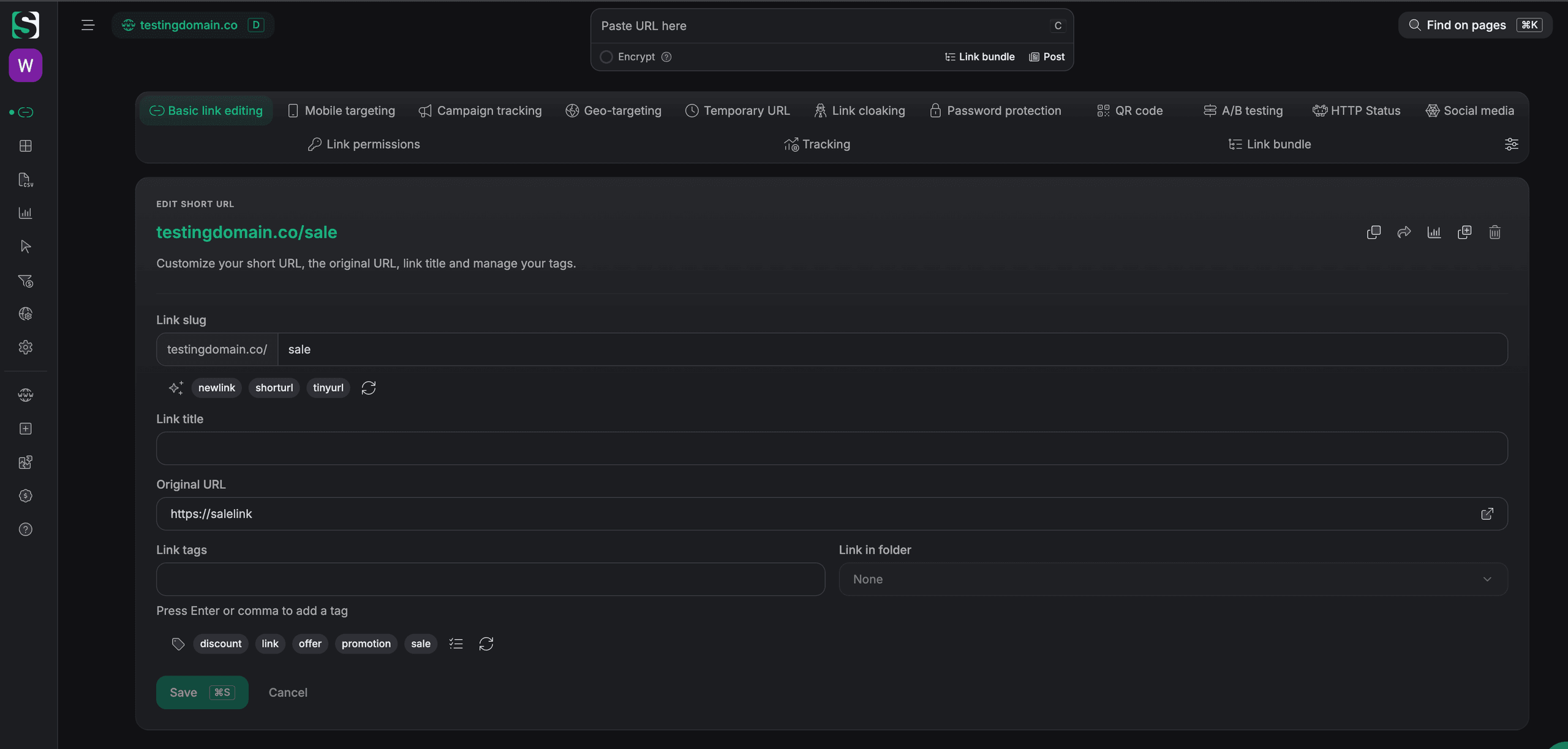 Screenshot showing short.io dashboard.