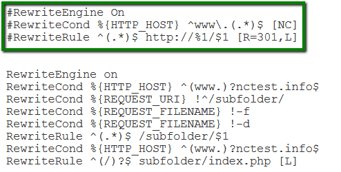 Screenshot of .htaccess code for setting up redirects at the server level.
