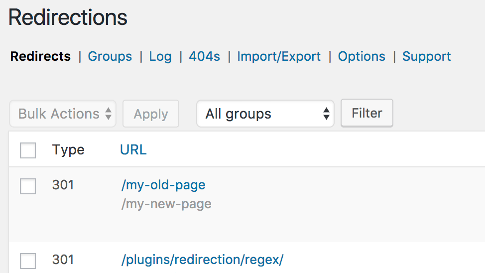 Screenshot showing how to create a website redirect in WordPress.