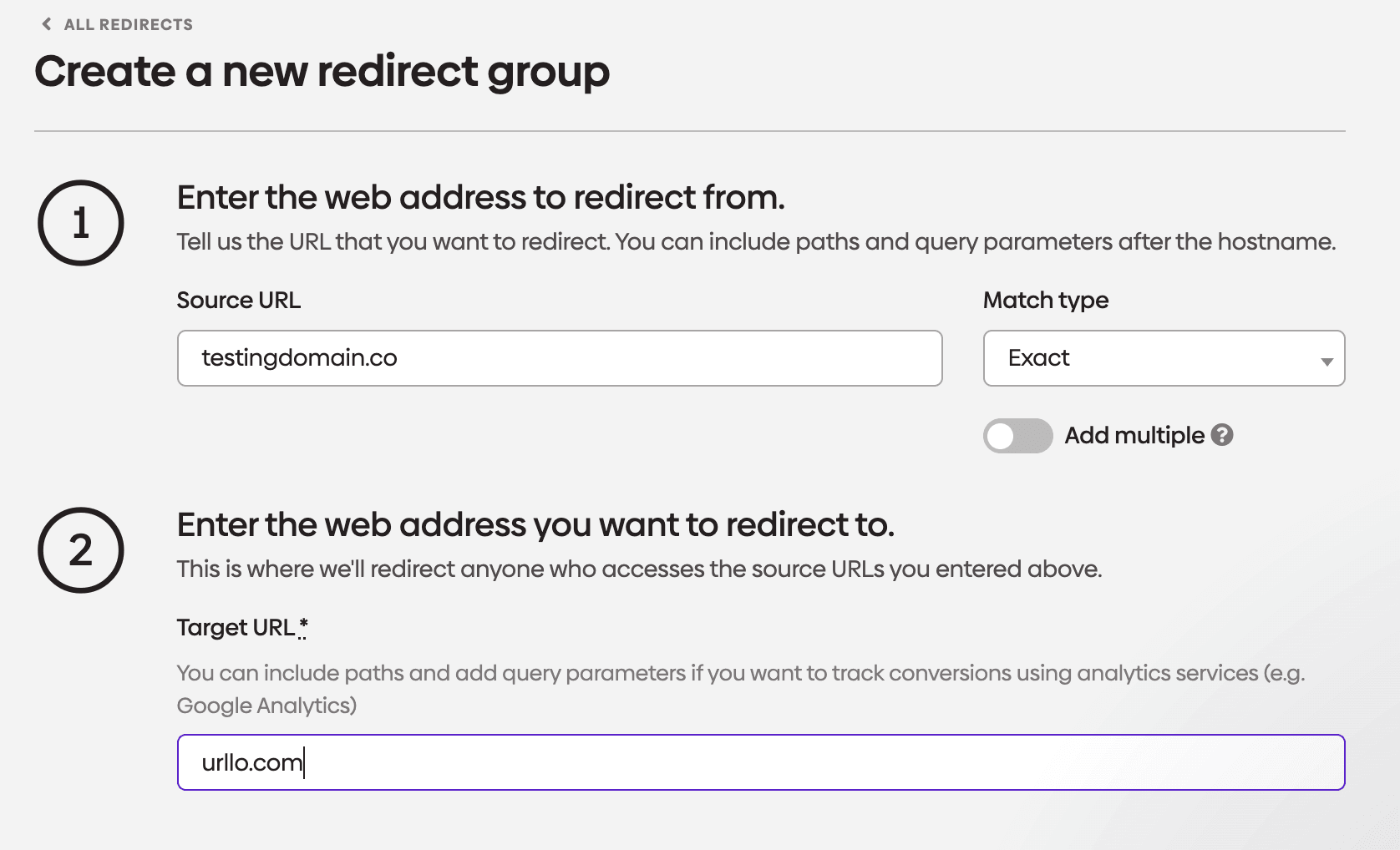 Screenshot showing creating a new redirect in urllo.