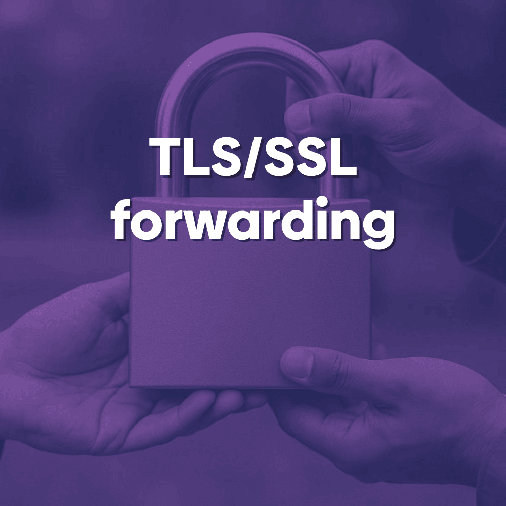 Photo showing a person holding a large lock with a text overlay reading "TLS/SSL forwarding".