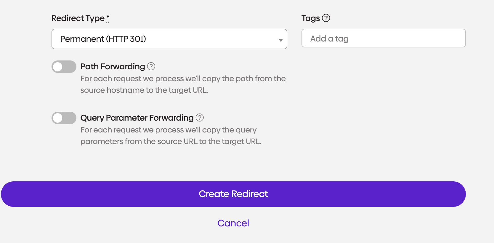 Screenshot of creating a redirect in urllo dashboard.