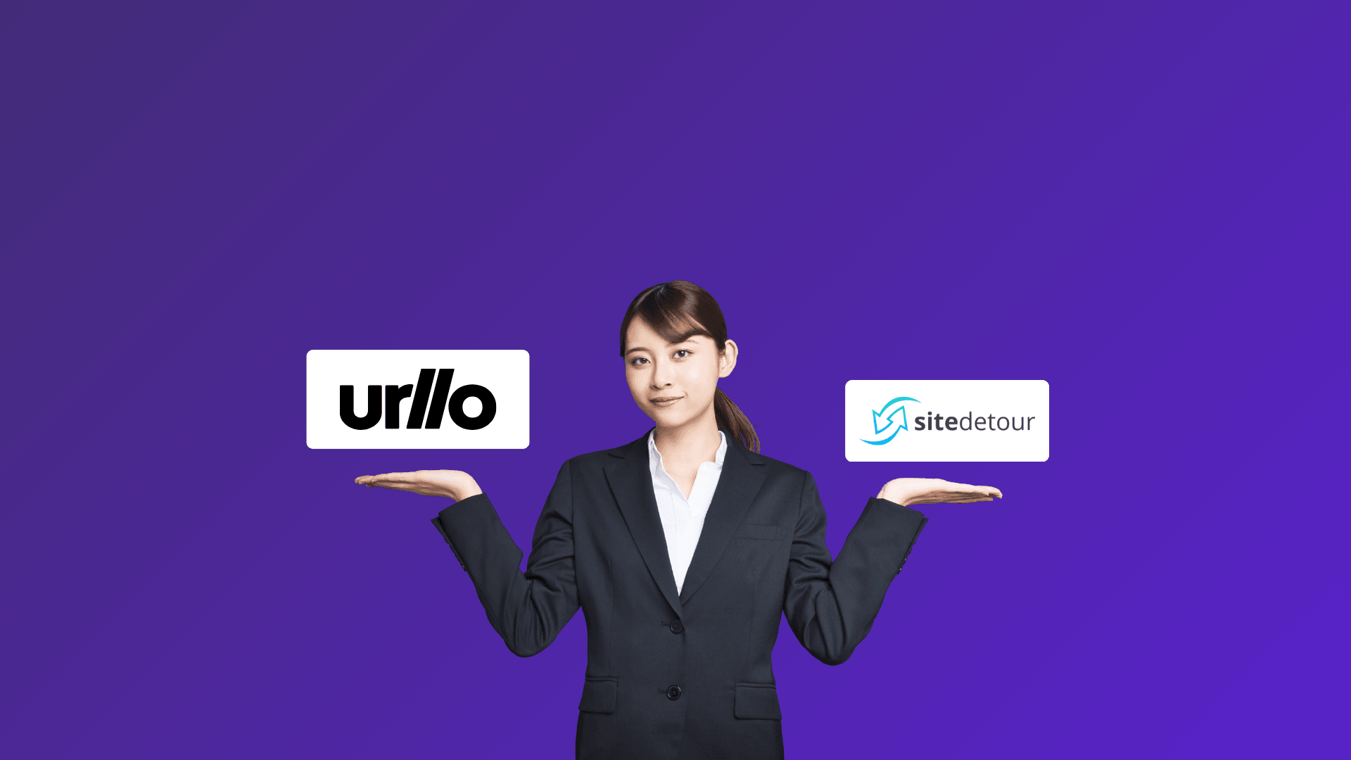 Graphic showing a person holding up the logos of two different URL redirect services.