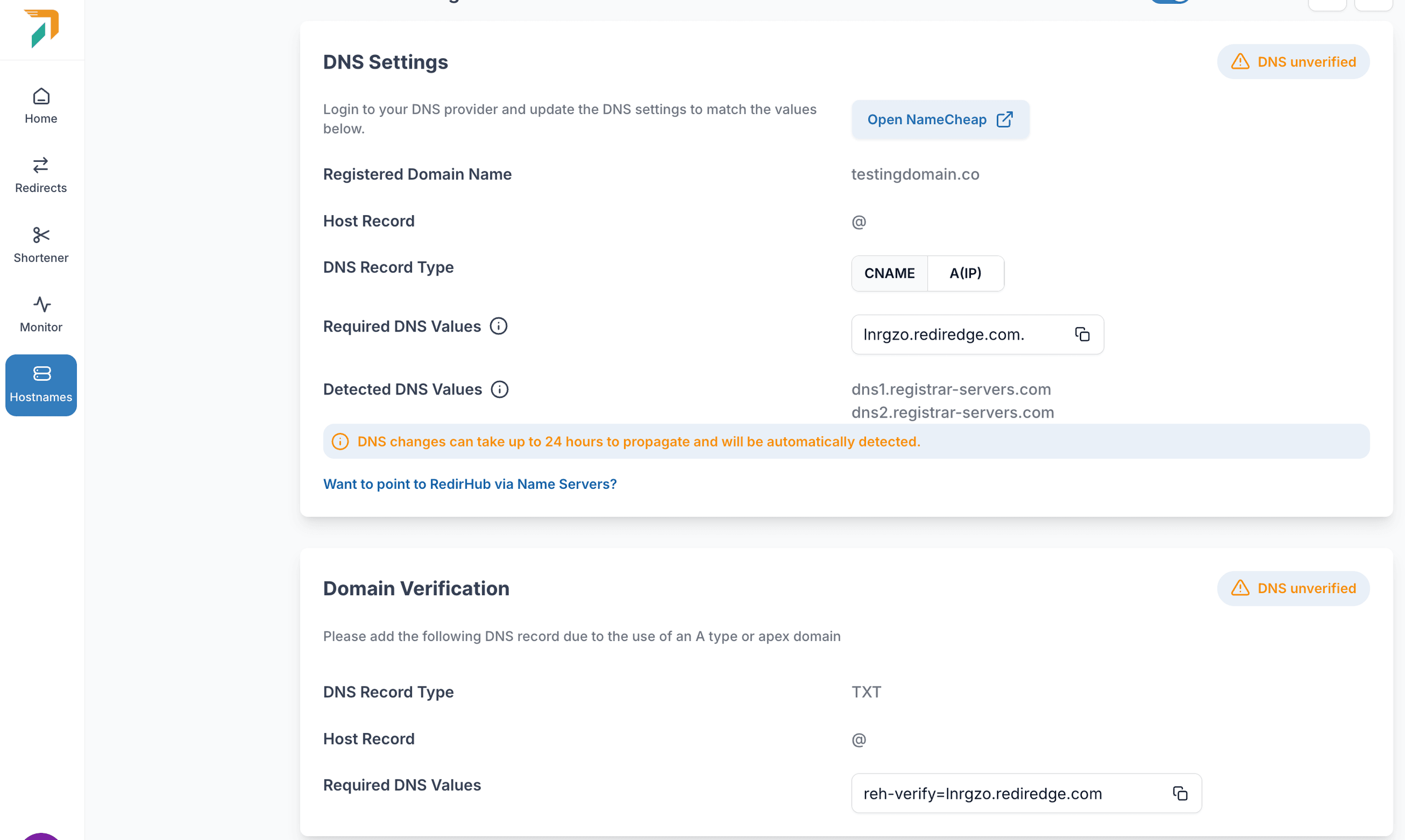 Screenshot showing DNS configuration instructions in RedirHub.