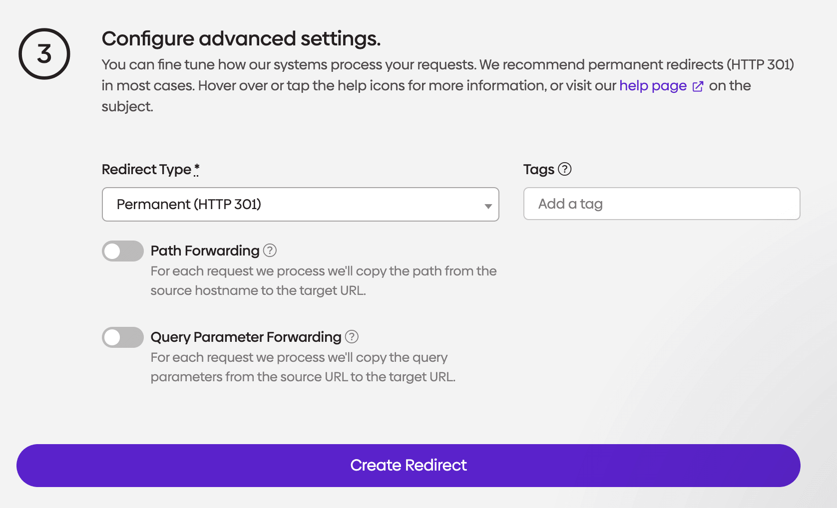 Screenshot showing configuring a redirect in urllo.