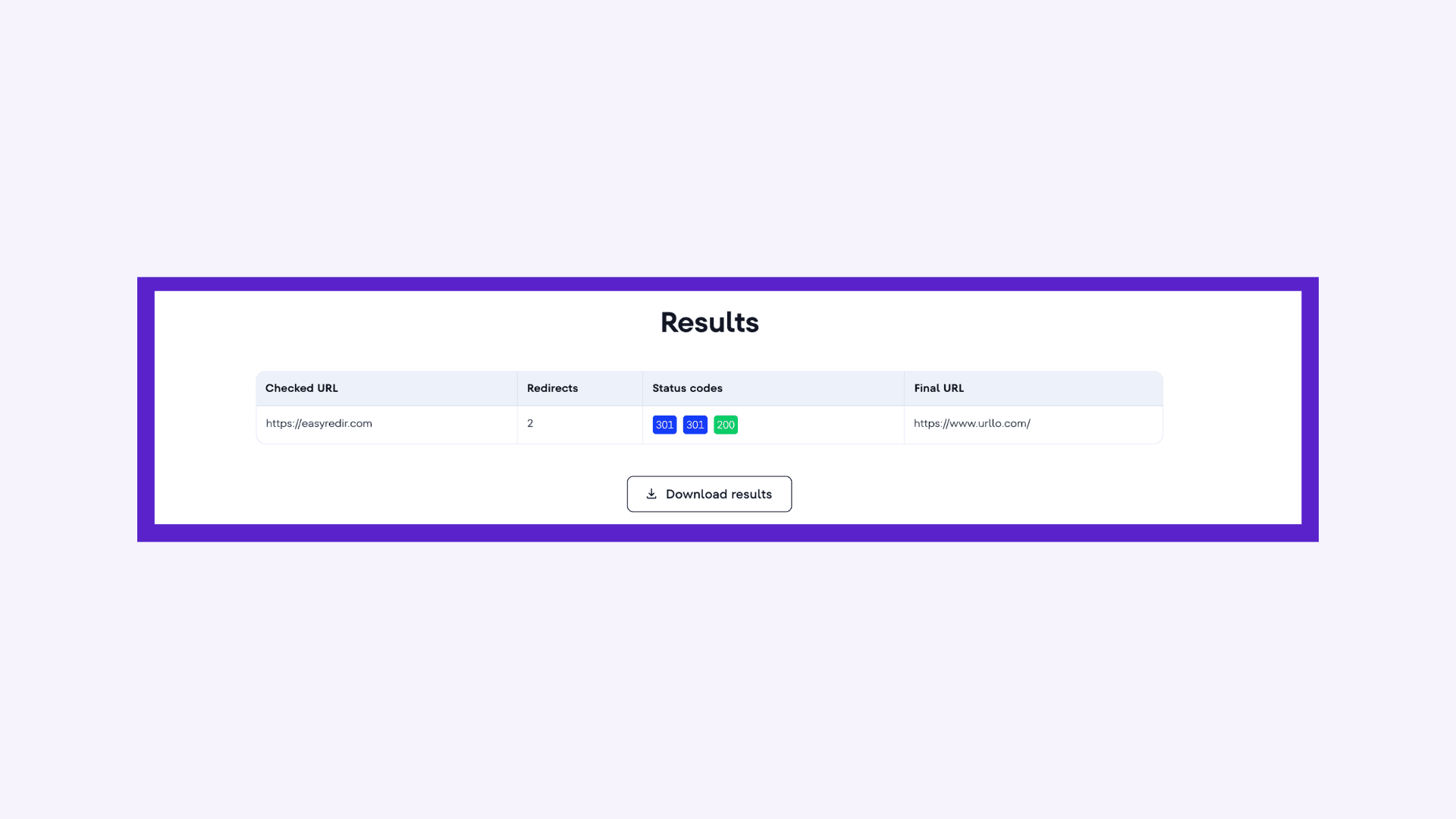 Screenshot of SE ranking redirect checker.